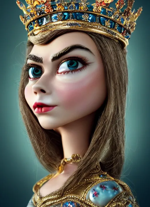 Image similar to closeup face profile portrait of a tin toy cara delevingne as a fairytale princess wearing a crown, bikini, depth of field, zeiss lens, detailed, symmetrical, centered, fashion photoshoot, by nicoletta ceccoli, mark ryden, lostfish, breathtaking, 8 k resolution, extremely detailed, beautiful, establishing shot, artistic, hyperrealistic, octane render