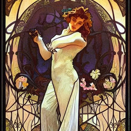 Prompt: art nouveau painting by Alphonse Mucha of Sebastian Stan framed by flowers. Soft, muted colors, dreamy aesthetic.