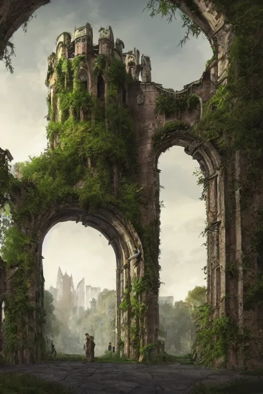 Image similar to gigantic castle, arches adorned pillars, towers, archways, gnarly trees, lush vegetation, forrest, landscape, raphael lacoste, eddie mendoza, alex ross, concept art, matte painting, highly detailed, rule of thirds, dynamic lighting, cinematic, detailed, denoised, centerd