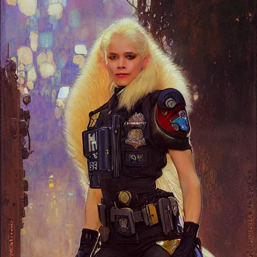 Image similar to portrait of a female white fox in a police uniform. shadowrun furaffiniy cyberpunk fantasy highly detailed painting by gaston bussiere craig mullins jc leyendecker gustav klimt artgerm greg rutkowski john berkey, bergey, craig mullins, ruan jia, raymond swanland, jeremy mann, tom lovell, alex malveda