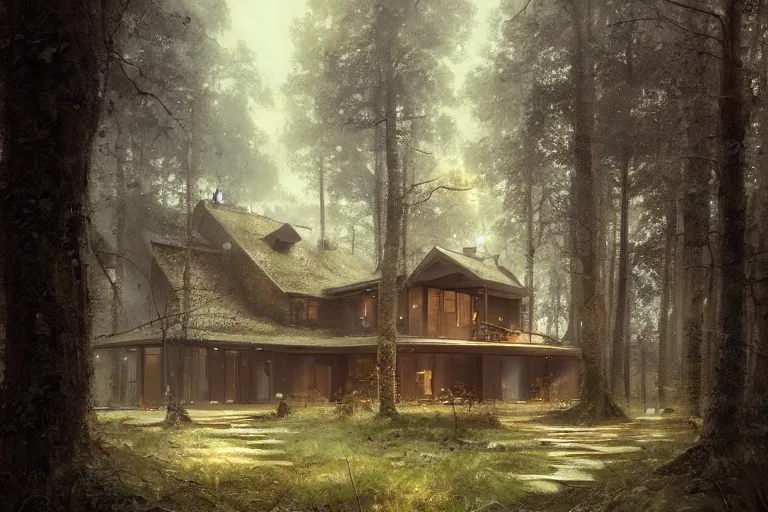 Prompt: [ contemporary house ] stands in the middle of a maintained forest trending on artstation cgsociety contest winner award winning 4 k intricate detailed golden ratio!! by greg rutkowski and gaston bussiere dark gloomy atmosphere artstation hd artstation landscape