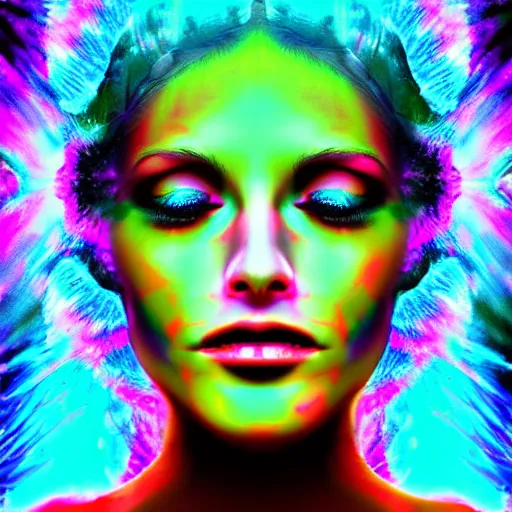 Image similar to Psychadelic picture of a womans face expanding her consciousness into the universe, digital art, high resolution