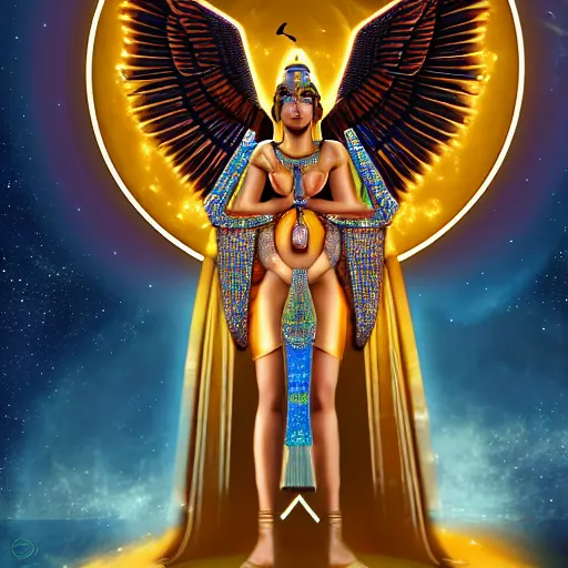 Image similar to high priestess channeling the Egyptian goddess Isis, radiant, joyful, loving, backlit, standing in a cosmic crystal temple surrounded by stars, digital art trending on artstation