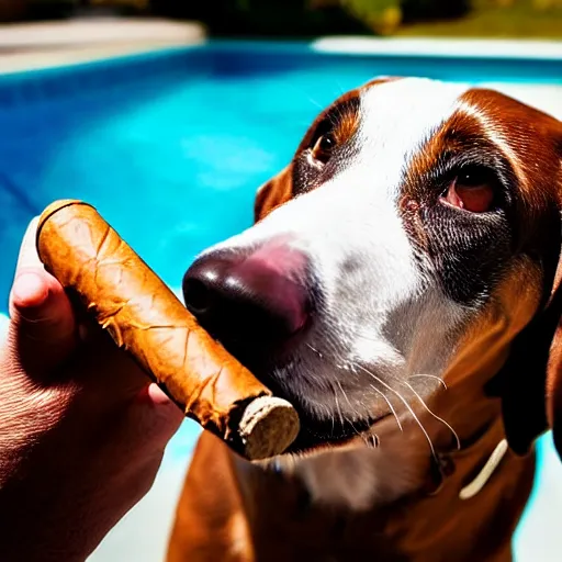 Image similar to a very detailed photo of a dog smoking a cigar outside the mansion by the pool