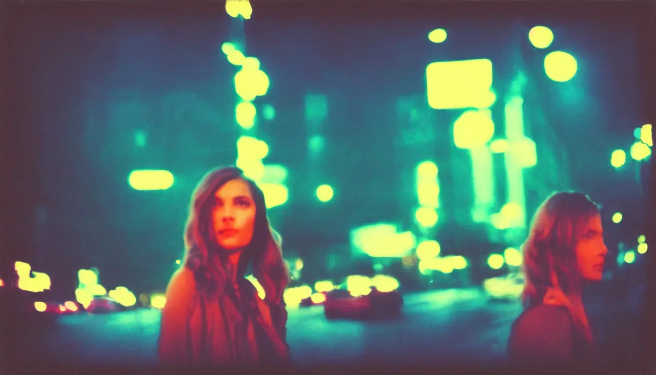 Prompt: colorful instant photograph of beautiful full woman in a city at night, polaroid, light leak, raw, nostalgic