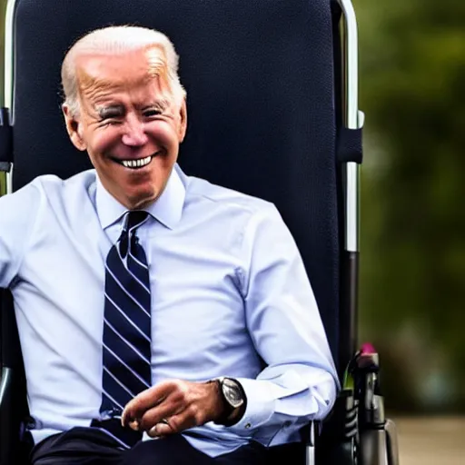 Image similar to still image of joe biden sitting in a turbo boosted wheelchair with a jet engine, 8 k photo