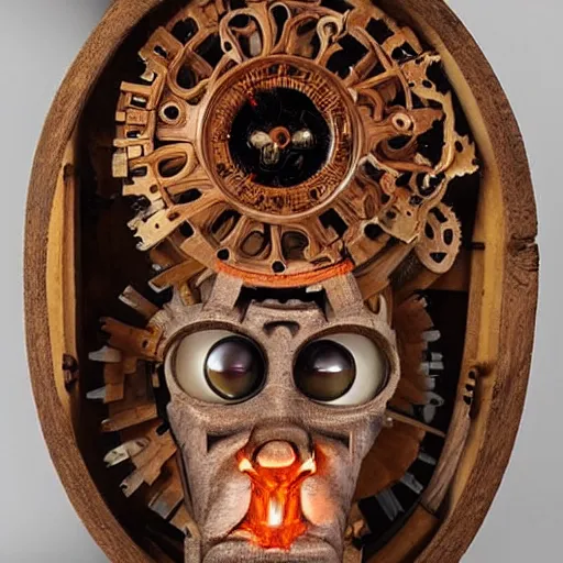 Prompt: A portrait of a complex wooden automaton with fire in its eyes, medievalpunk, clockworkpunk, detailed, orange