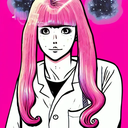 Image similar to realistic dark retro pulp sci - fi colored manga illustration of princess bubblegum by junji ito, with pink hair made of bubblegum, confident scientist performing experiments in her lab