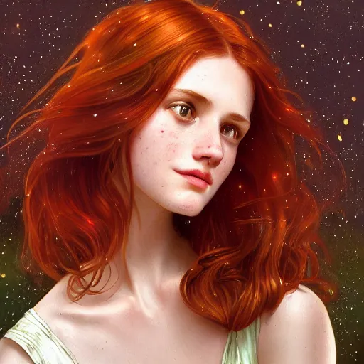 Image similar to portrait of a red haired girl, long hair, green eyes, hint of freckles, beautiful round face, soft amazed smiles, among golden fireflies, highly detailed, deep focus, elegant, digital painting, smooth, sharp focus, golden ratio, illustration, ultra realistic, 8 k, art by artgerm and alphonse mucha