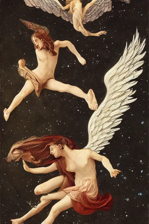 Image similar to angel falling to andromeda, very high resolution images, very fine details, very realistic, drawn by yulia iosilzon, and simone graci, plus a touch from raden pious in the depth of color and emotion
