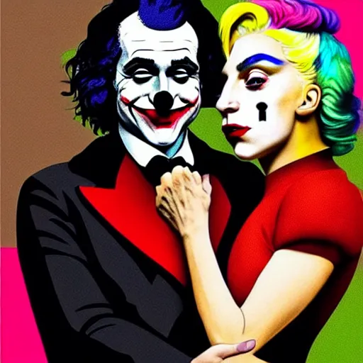 Image similar to ilya yefimovich repin and mimmo rottela and banksy as joaquin phoenix skinny joker, holding lady gaga harley queen hand, ultra photorealistic, intricate details, pop art style, concept art, confident posse, justify content center, 2 colours, warm color, 4 k, ultra smooth, sharp focus, perfect details