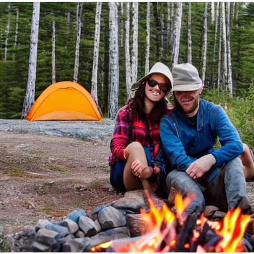 Prompt: a cute couple camping in northern maine