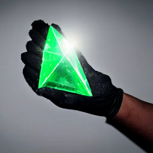 Image similar to a black gloved hand holding a dimly glowing triangular shard of kryptonite in pitch dark, black background