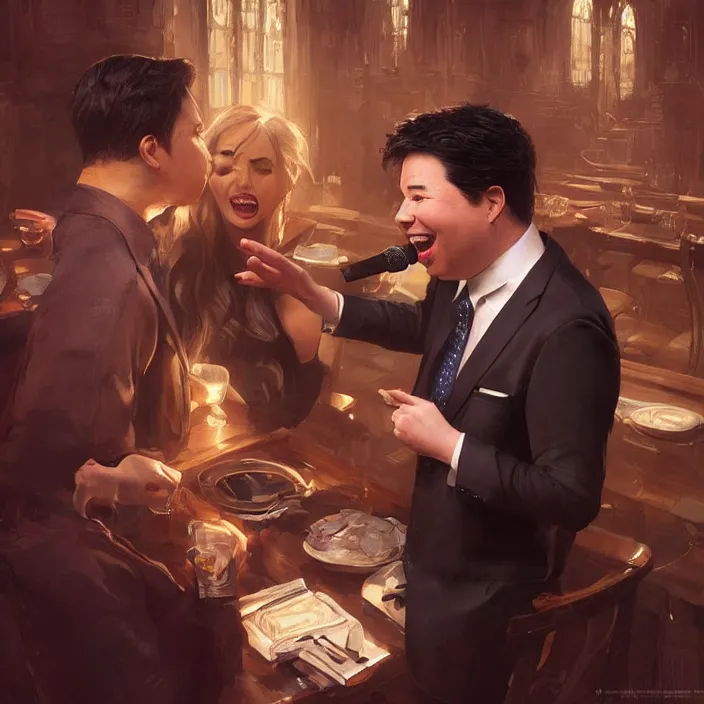 Image similar to michael mcintyre flirting with a singing waitress, elegant, real life skin, intricate artwork, high detailed, artstation, concept art, smooth, sharp focus, art by artgerm and greg rutkowski