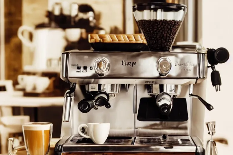 Image similar to magazine quality photo shoot of beautifully displayed espresso, beans, coffee cups, milk, espresso machine