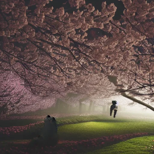 Prompt: photograph of an astronaut wearing a black spacesuit in the middle of a cherry blossom eden, foggy, atmospheric