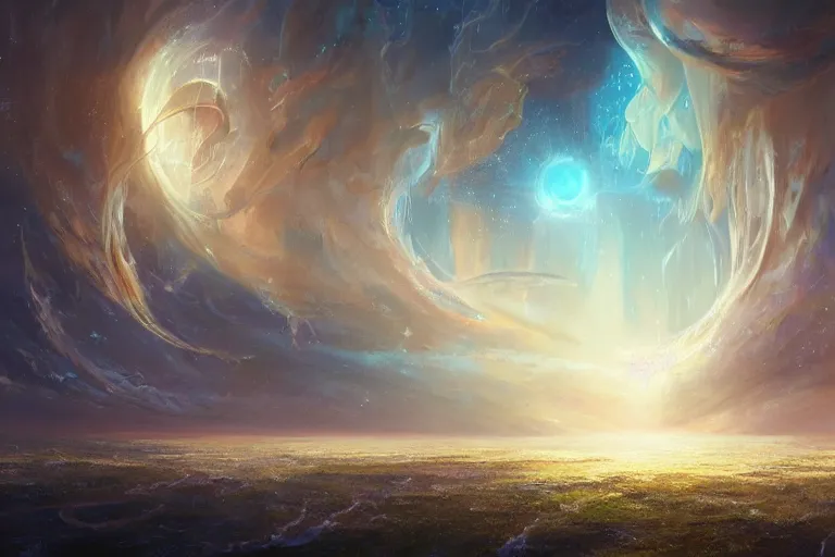 Prompt: genesis, the world is born from the pluck of a string, the vibrations bring order from chaos, every living thing is connected by a thread of fate, together they make a glorious song that creates a gnostic hyper-dream ascension of harmony and bliss throughout the universe amazing concept painting by Jessica Rossier