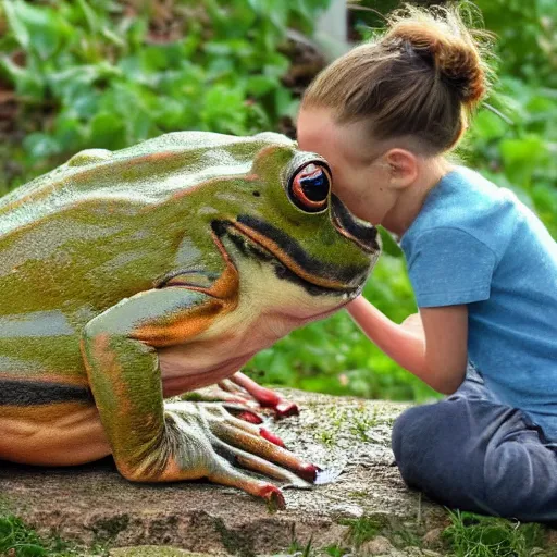 Image similar to Human sized frog licking tiny dog