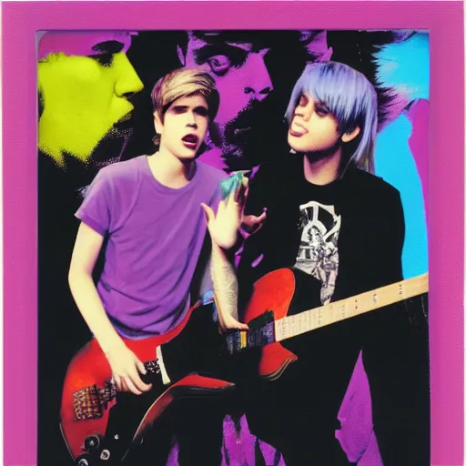 Image similar to professional photo of Nirvana rehearsing with pop art Justin Bieber portrait on the wall, highly detailed, 8k, polaroid