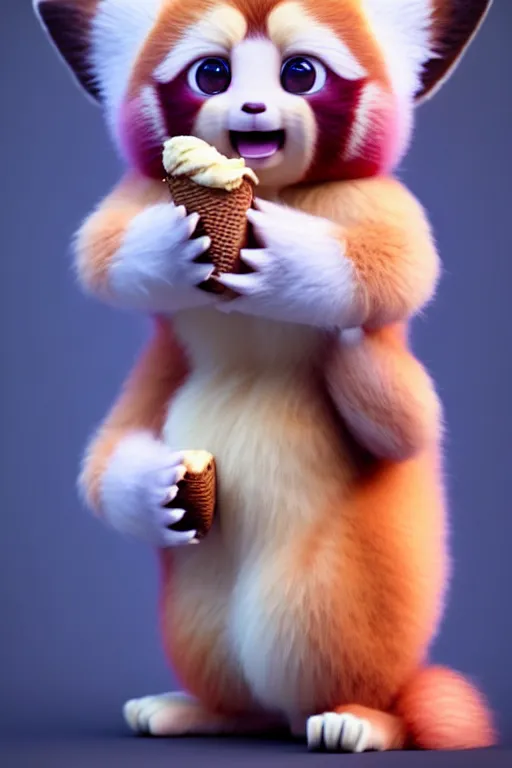 Image similar to high quality 3 d render hyperrealist very cute pastel fluffy! red panda & tarsier hybrid eating giant ice cream full body, vray smooth, in the style of detective pikachu, hannah yata charlie immer, very dramatic pink light, low angle, uhd 8 k, shallow depth or field