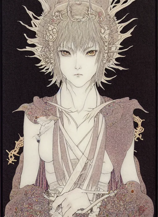 Prompt: prompt: Fragile looking vessel portrait soft light drawn by Takato Yamamoto, inspired by Fables, ancient dragon knight armor, magical and alchemical objects on the side, soft light, white background, intricate detail, intricate oil painting detail, sharp high detail, manga and anime 2000