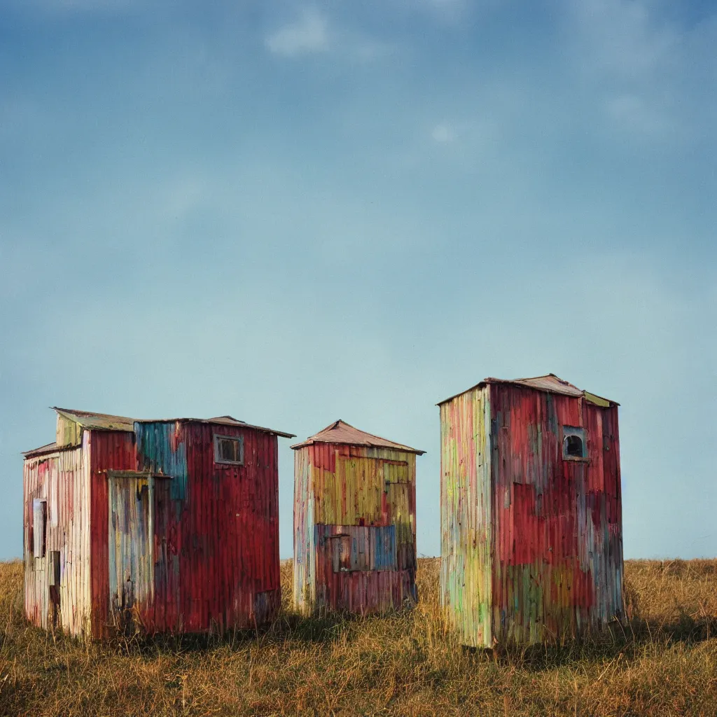 Prompt: two towers made up of colourful makeshift squatter shacks with faded colours, plain uniform sky at the back, soft focus, mamiya rb 6 7, f 1. 8, photographed by uta barth