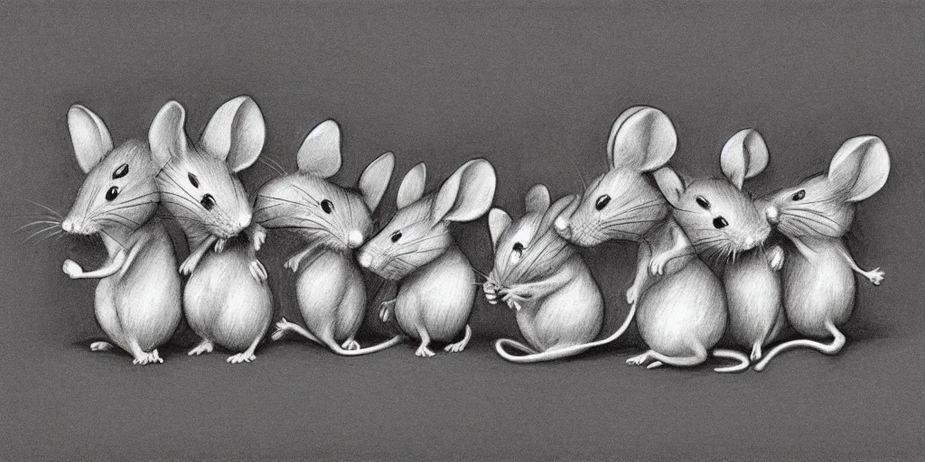 Prompt: a beautiful pencil drawing of five cartoon mice; masterpiece; extremely highly detailed; ultra realistic; trending on artstation