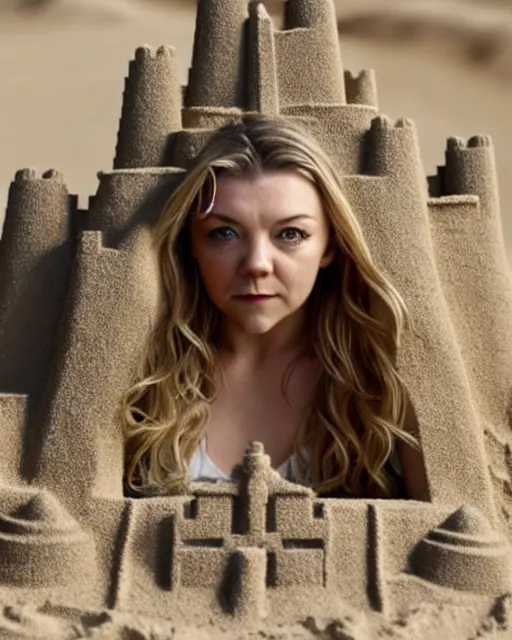 Image similar to a detailed sandcastle with the face of natalie dormer