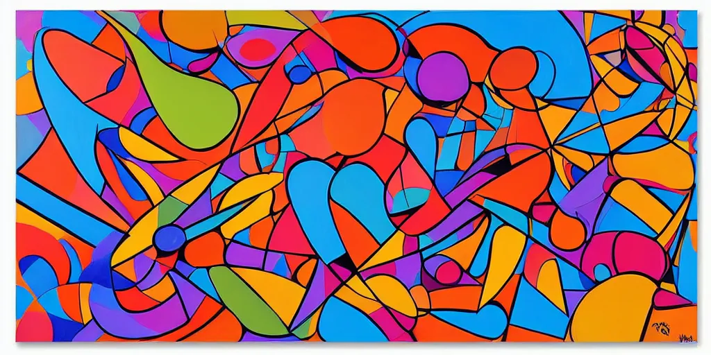 Image similar to abstract forms in the bold colourful detailed style of bill melendez,