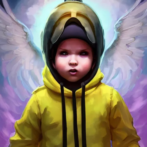 Image similar to baby Angel cherub,wearing a halo, ski mask, balaclava, wearing angel halo covered face, hoodie, hip hop golden necklace fantasy art apex fortnite Video game icon, 2d game art gta5 cover , official fanart behance hd artstation by Jesper Ejsing, by RHADS, Makoto Shinkai and Lois van baarle, ilya kuvshinov, rossdraws