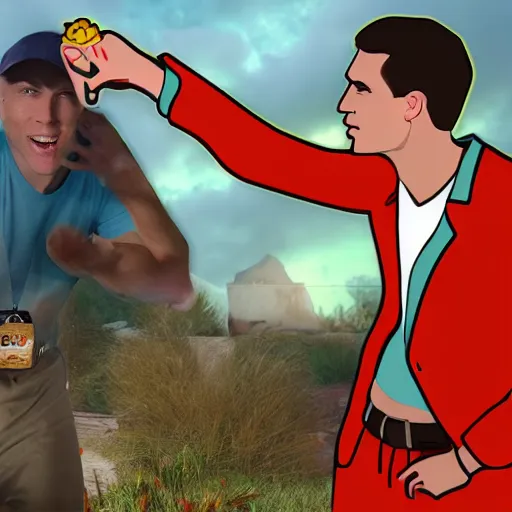 Prompt: jerma 9 5 3 2 1 pointing at jerma 4 5 8 7 saying onion ring, meme, realistic, hdr, clear image,