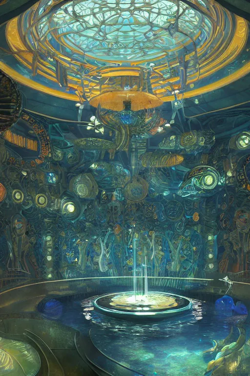 Prompt: Concept Digital Art Highly detailed Alien Art Deco Riza 4 lazy river inside of the Vosian Opera with glowing orange water at midnight, starfleet, by greg rutkowski, Ilya repin, alphonse mucha, and Edmund Blair Leighton. Very highly detailed 8K, exquisite rendering, octane, drum scanner, Digital painting, the golden ratio, rational painting, sharp