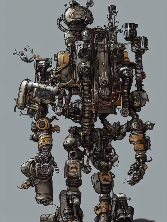 Image similar to dieselpunk digital illustration pathfinder robot from apex legends, portrait by james gurney and laurie greasley, slim, concept art, cinematic composition, hyper realism, photorealistic, dramatic lighting, highly detailed, vintage sci - fi