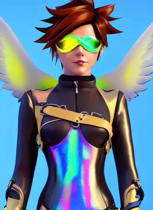 Prompt: portrait bust digital artwork of tracer overwatch, wearing iridescent rainbow latex and leather straps catsuit outfit, 4 k, expressive happy face, makeup, in style of mark arian, angel wings, wearing detailed leather collar, chains, black leather harness, detailed face and eyes,