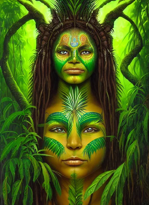 Image similar to the ayahuasca vine plant spirit mixed with the face of a beautiful indigenous woman with a third eye in the jungle, face painted in green, fractals, beautiful colors, matte painting, by christophe vacher