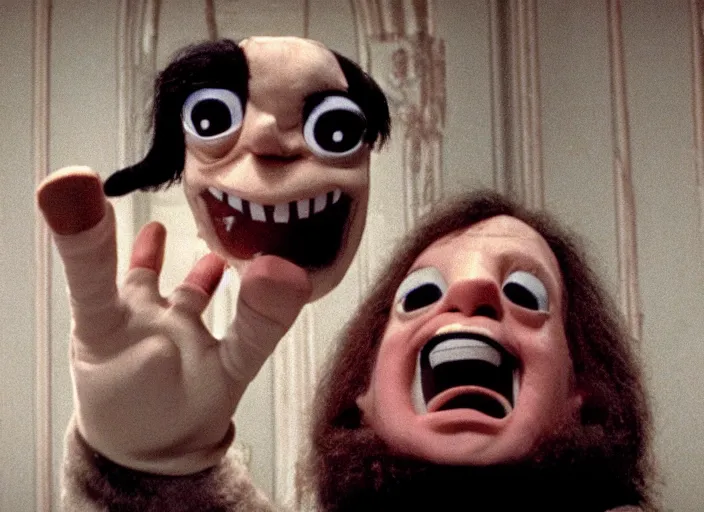 Prompt: a still from the hand - puppet remake of the shining