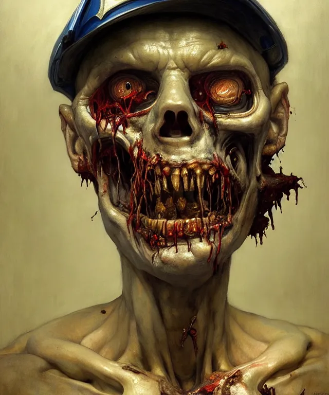 Image similar to painting of a rotting slimy zombie wearing a cop uniform by edgar maxence and rhads and leyendecker. police, award - winning digital art on pixiv, trending on artstation, cinematic lighting, dramatic lighting, stunning and beautiful scenery - highly detailed, hyperrealistic, unreal engine 5