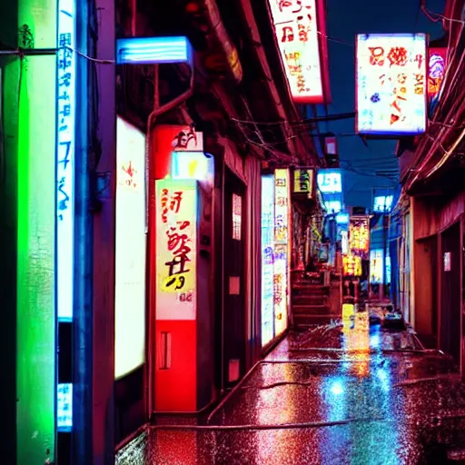 Prompt: Rainy Japanese alleyway with a vending machine, neon lights, powerlines hanging above, in the style of Makoto Shinkai