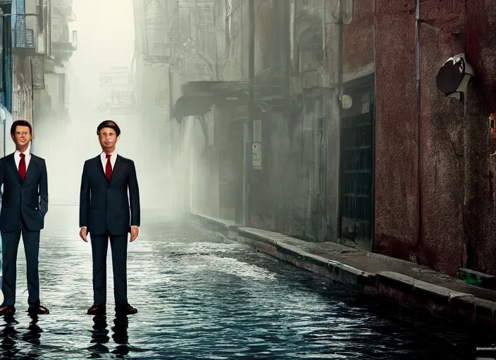 Image similar to a very high resolution image from a new movie, two deer wearing suits, in a narrow chinese alley, surrounded by water vapor, beatiful backgrounds, dramatic lighting, directed by wes anderson