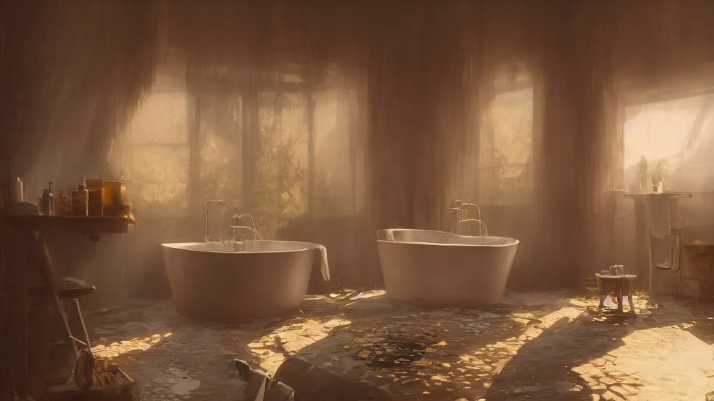 Image similar to a photorealistic hyperrealistic render of an interior of a beautifully decorated cozy bathroom by pixar, greg rutkowski, wlop, artgerm, dramatic moody sunset lighting, long shadows, volumetric, cinematic atmosphere, octane render, artstation, 8 k