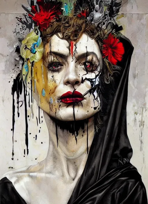 Image similar to cult magic psychic woman smiling, subjective consciousness psychedelic, epic surrealism expressionism symbolism story iconic, dark robed witch, oil painting, robe, symmetrical face, greek dark myth, by Sandra Chevrier, Nicola Samori, Jeff Legg masterpiece