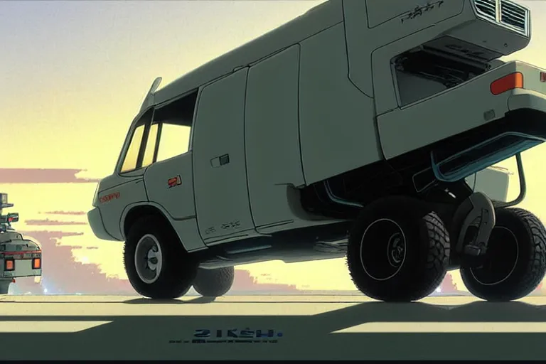 Prompt: 2 0 0 1 space odyssy honda e kei truck with tank treads, painted by greg rutkowski makoto shinkai takashi takeuchi studio ghibli, akihiko yoshida