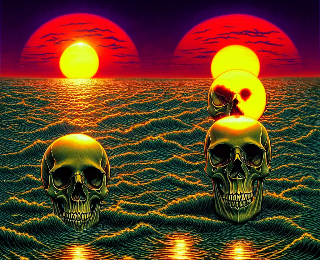 Image similar to a skull that is the sun rising just above the horizon over the sea by dan mumford and vladimir kush and donato giancola and ted withers and peter driben and brom and roberto ferri, green water, synthwave, retrowave, highly detailed, high contrast, intricate details, blended palette