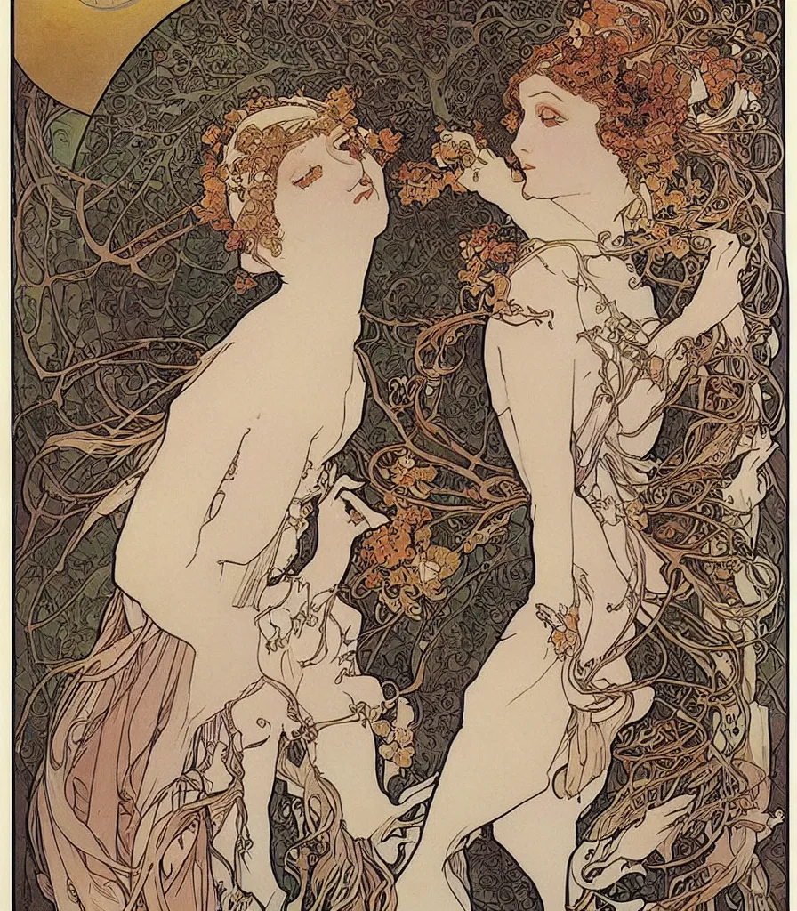 Prompt: an art noveau poster of a beautiful moon goddess by Mucha