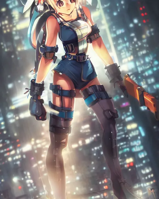 Image similar to full body portrait of anime girl in mechanic armor in night tokyo by makoto sinkai, perfect face, fine details