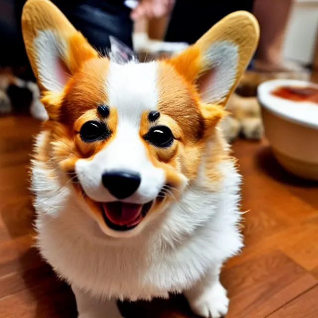 Image similar to a cute corgi lives in a house made of sushi