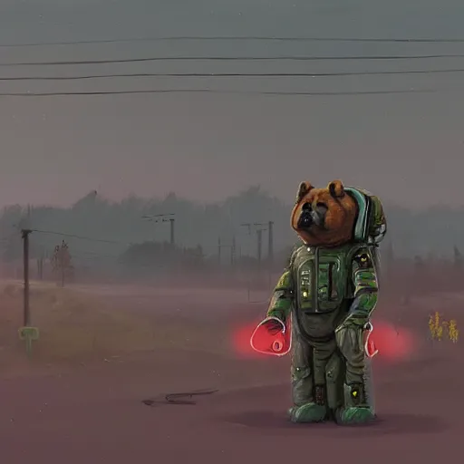 Image similar to a chow chow in a mech suit in the style of simon stalenhag