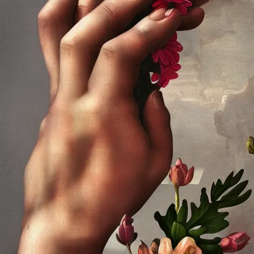 Prompt: photorealistic maximalist beautiful cyborg hands holding a flower. in the style of Michelangelo and flemish baroque. HD 8x matte background