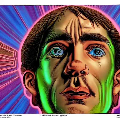 Prompt: a face on portrait of a young disillusioned engineer, by glenn fabry and jason edminston, psychedelic colors
