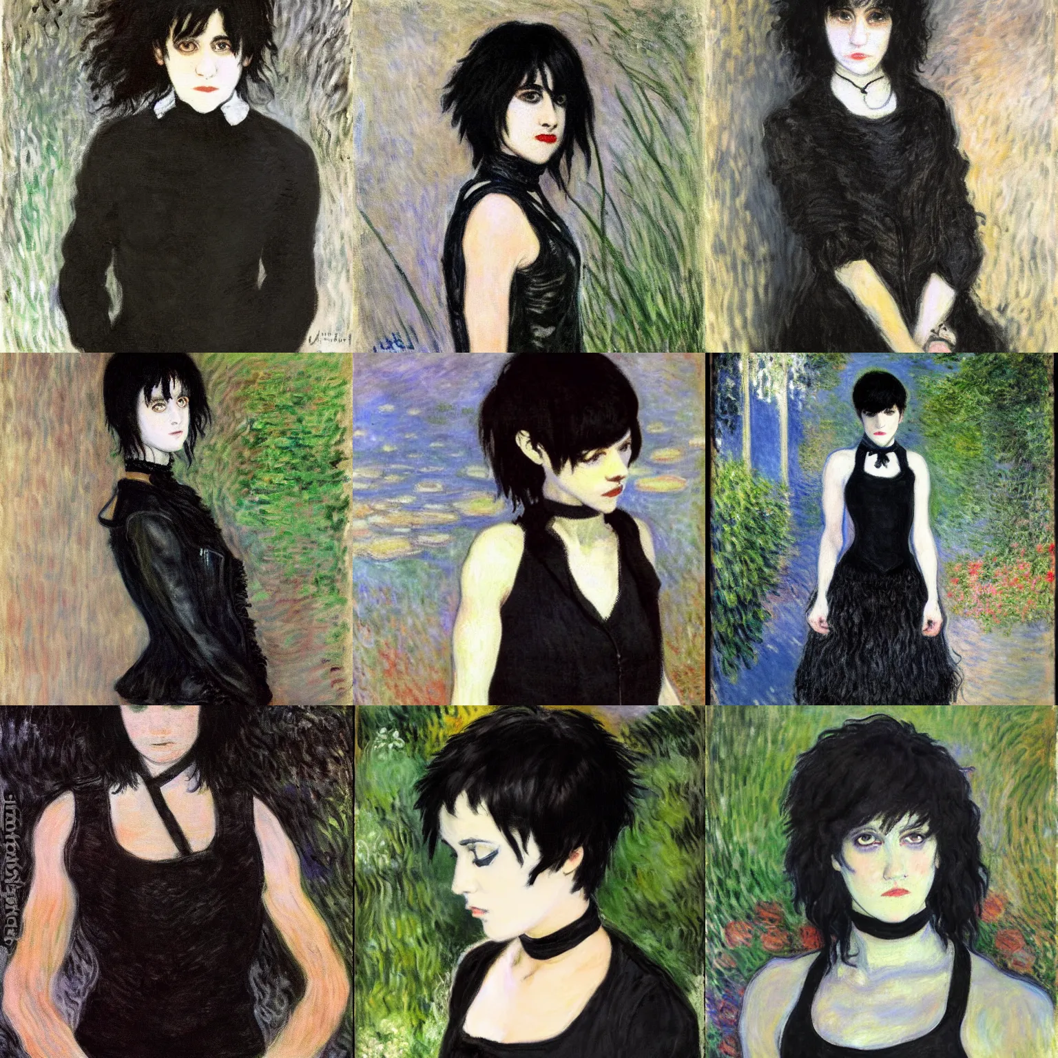 Prompt: an emo painted by claude monet. her hair is dark brown and cut into a short, messy pixie cut. she has large entirely - black evil eyes. she is wearing a black tank top, a black leather jacket, a black knee - length skirt, a black choker, and black leather boots.